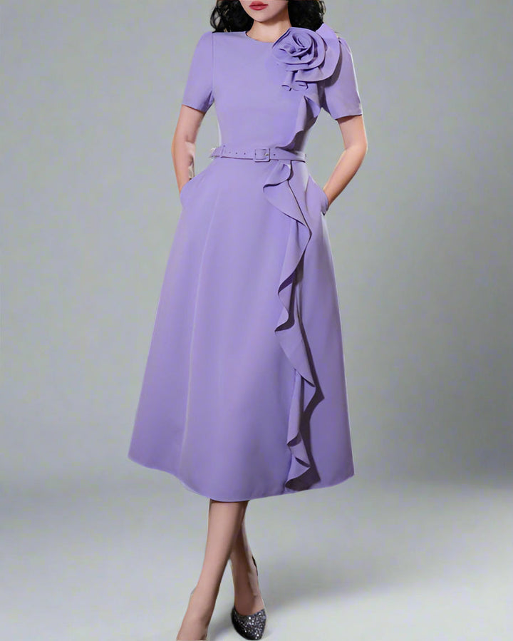 short-sleeve midi dress with 3D floral detail - CELINA