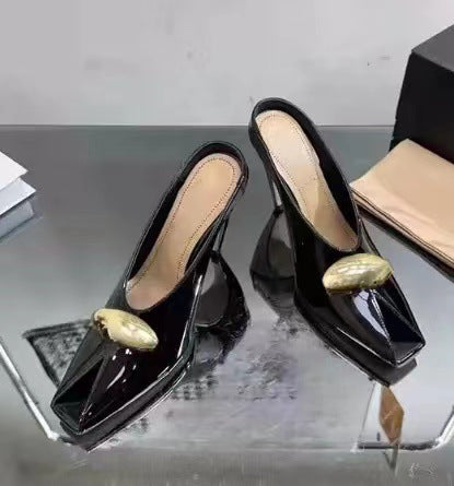 black leather mules with gold oval detail - ODD- LOMA