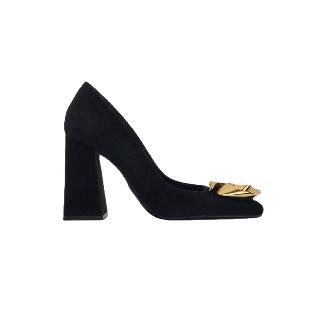 square-toe block heel pumps with gold sculpted ornament – HUSSEIN
