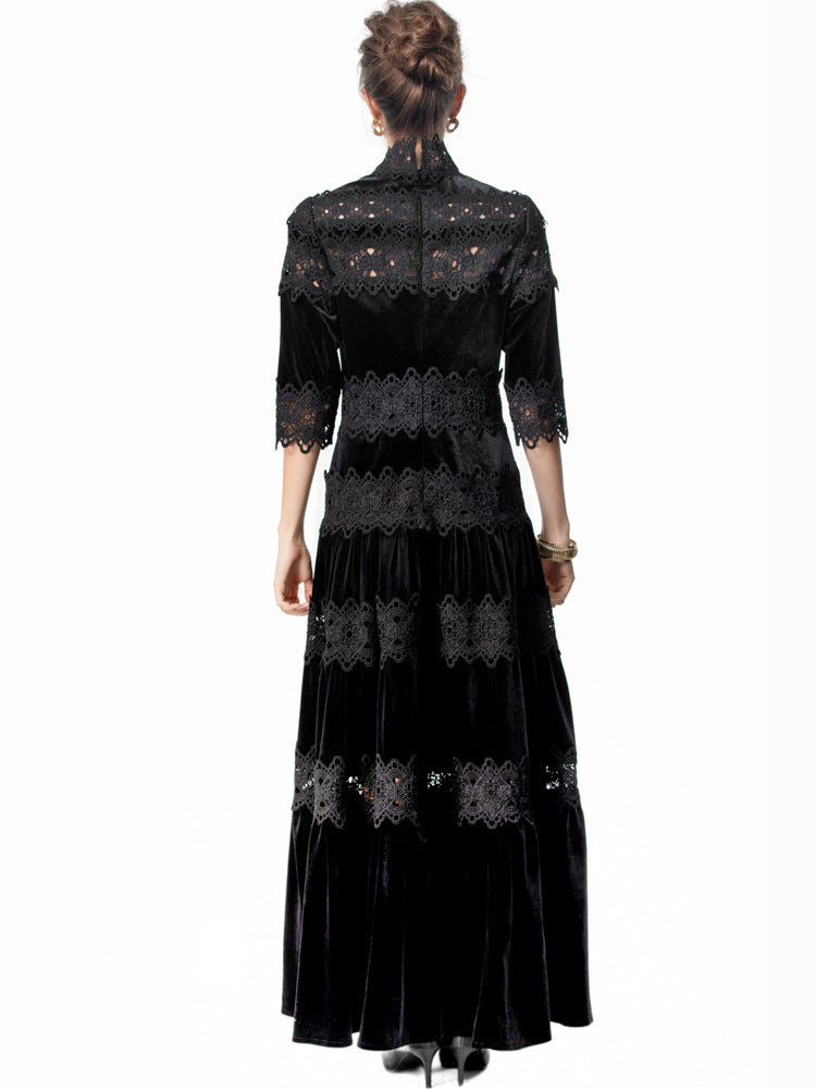 velvet maxi dress with lace panels and high neck – ODD- RUBINA