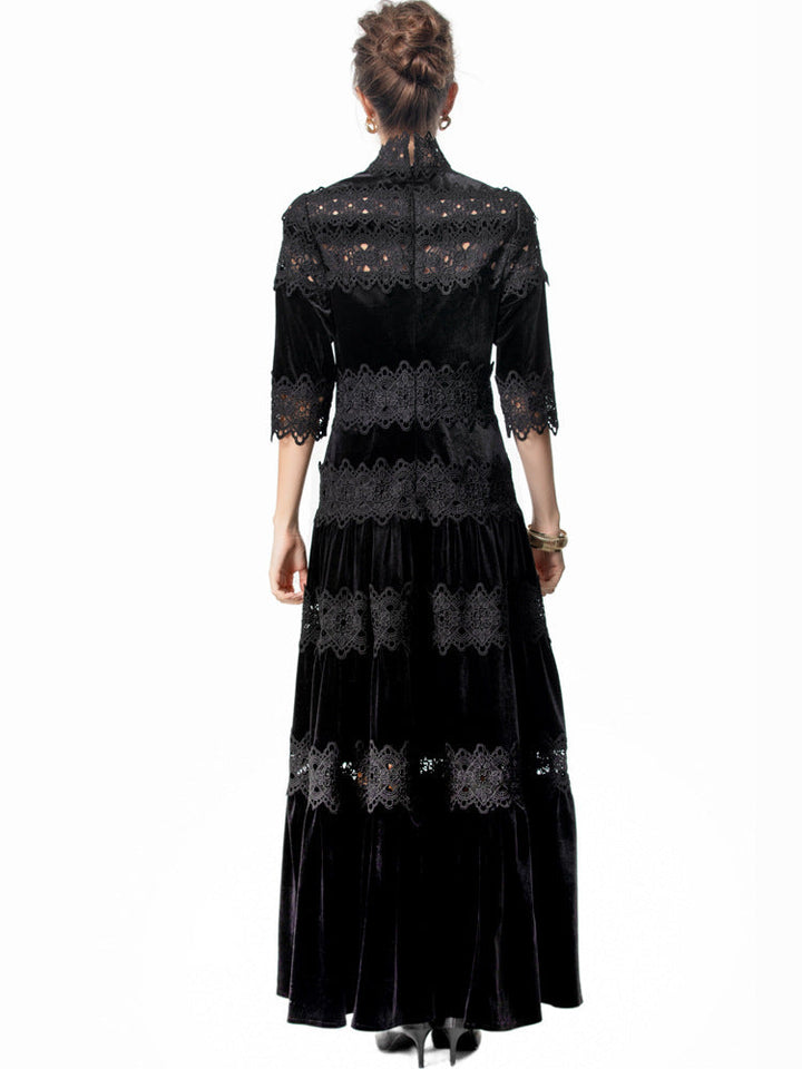 velvet maxi dress with lace panels and high neck – ODD- RUBINA