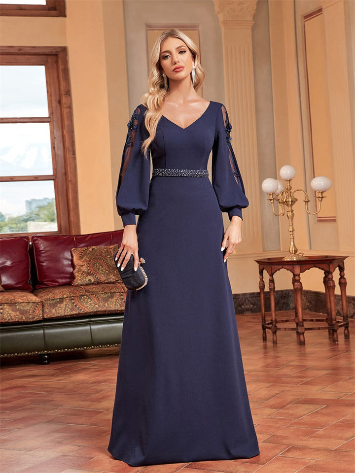 chiffon-sleeve evening gown with beaded waist – ODD- MIDNIGHT POISE