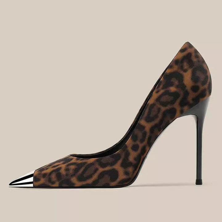 leopard print stiletto heels with metal cap toe - LUIYL