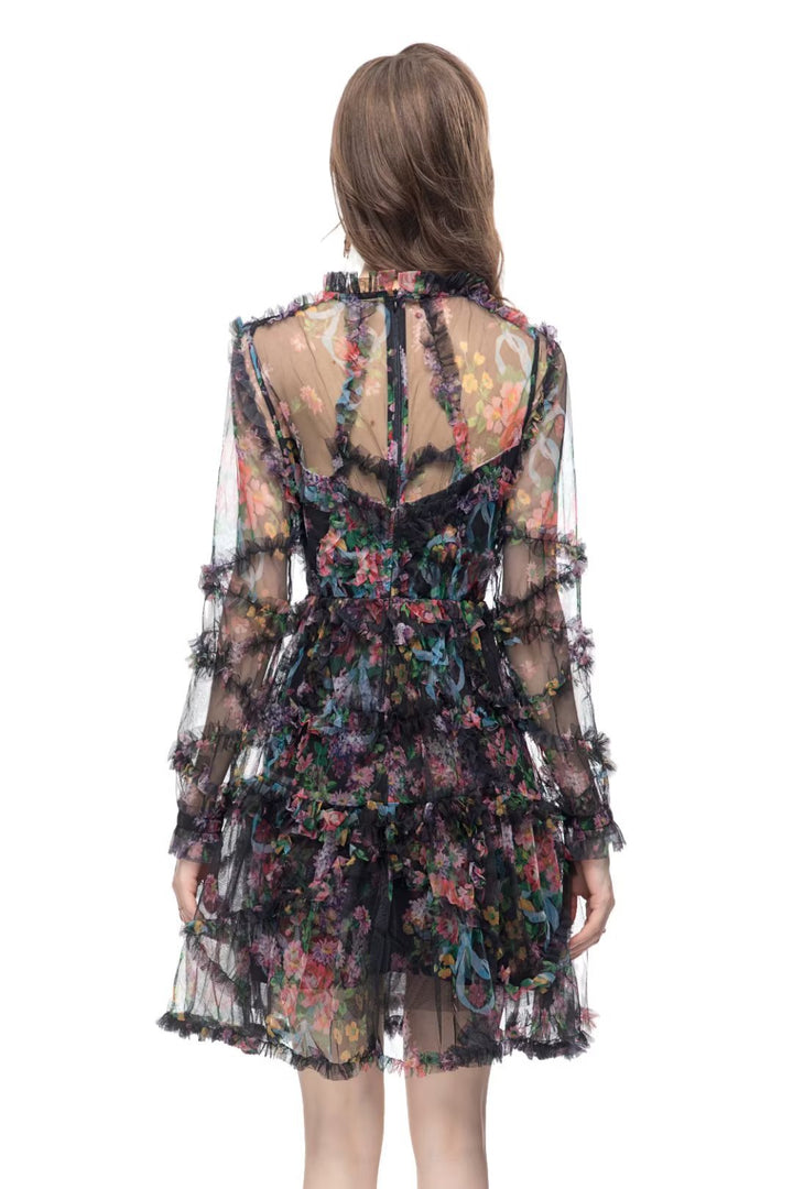 floral ruffle mini dress with sheer long sleeves – WHISPER