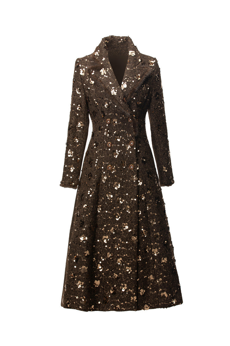 double breasted tweed long coat with metallic detailing – BRONZIA