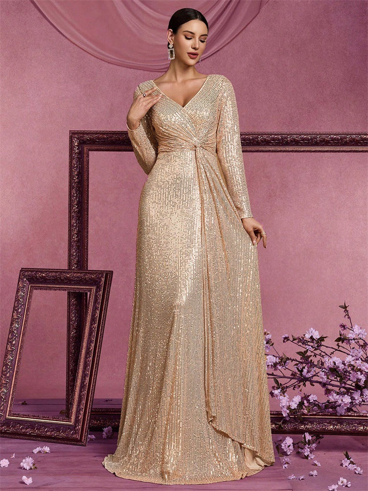 long-sleeve sequin wrap gown with draped detail – ODD- SERENA