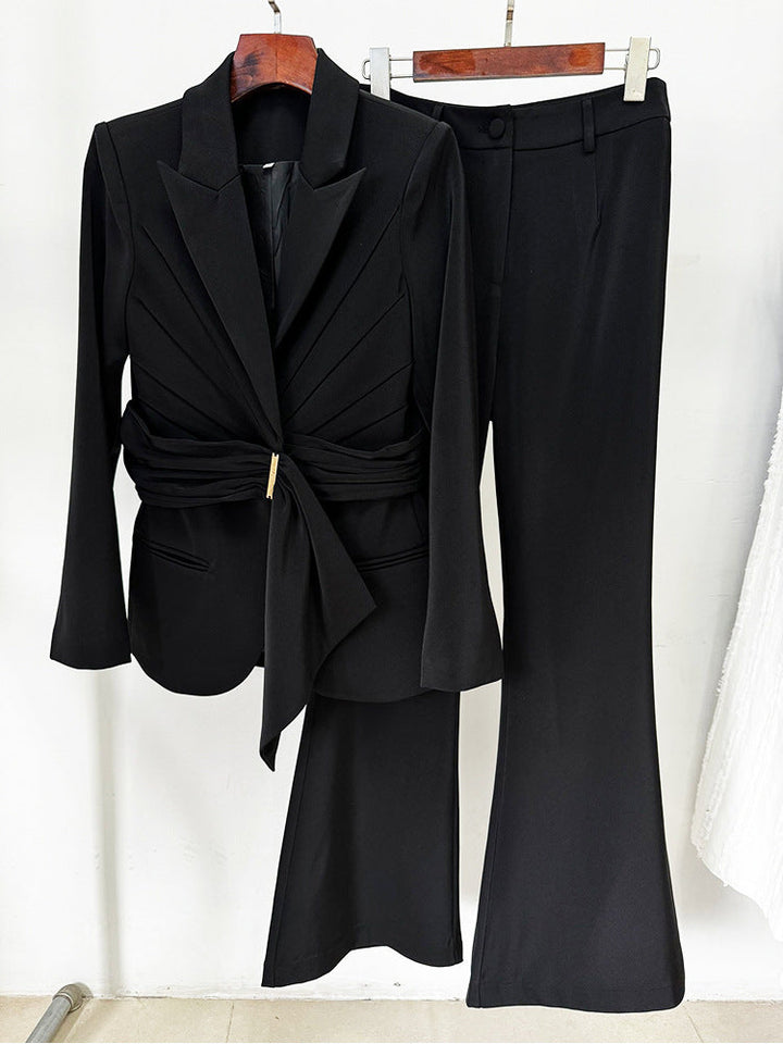 Draped belted blazer pants set with flared legs – Vronik