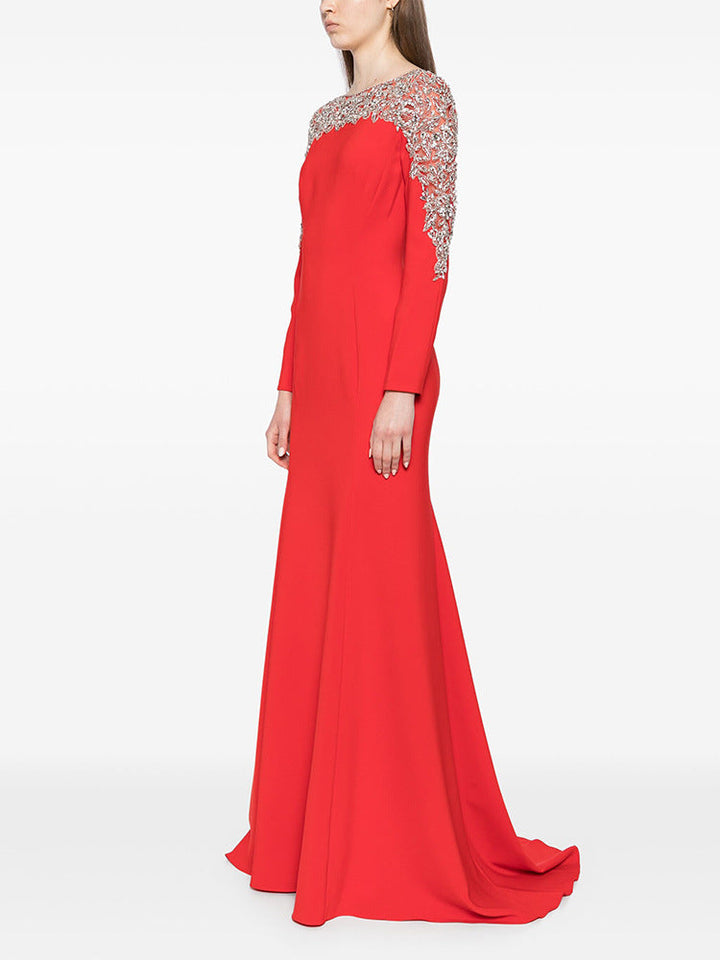 long sleeve flared gown with gold embellished cape detail – ODD- ORABEL
