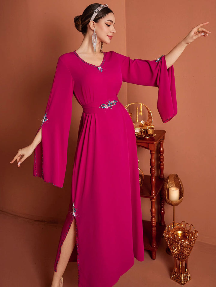 flared-sleeve gown with jeweled waist detail - ODD- AMIRZA