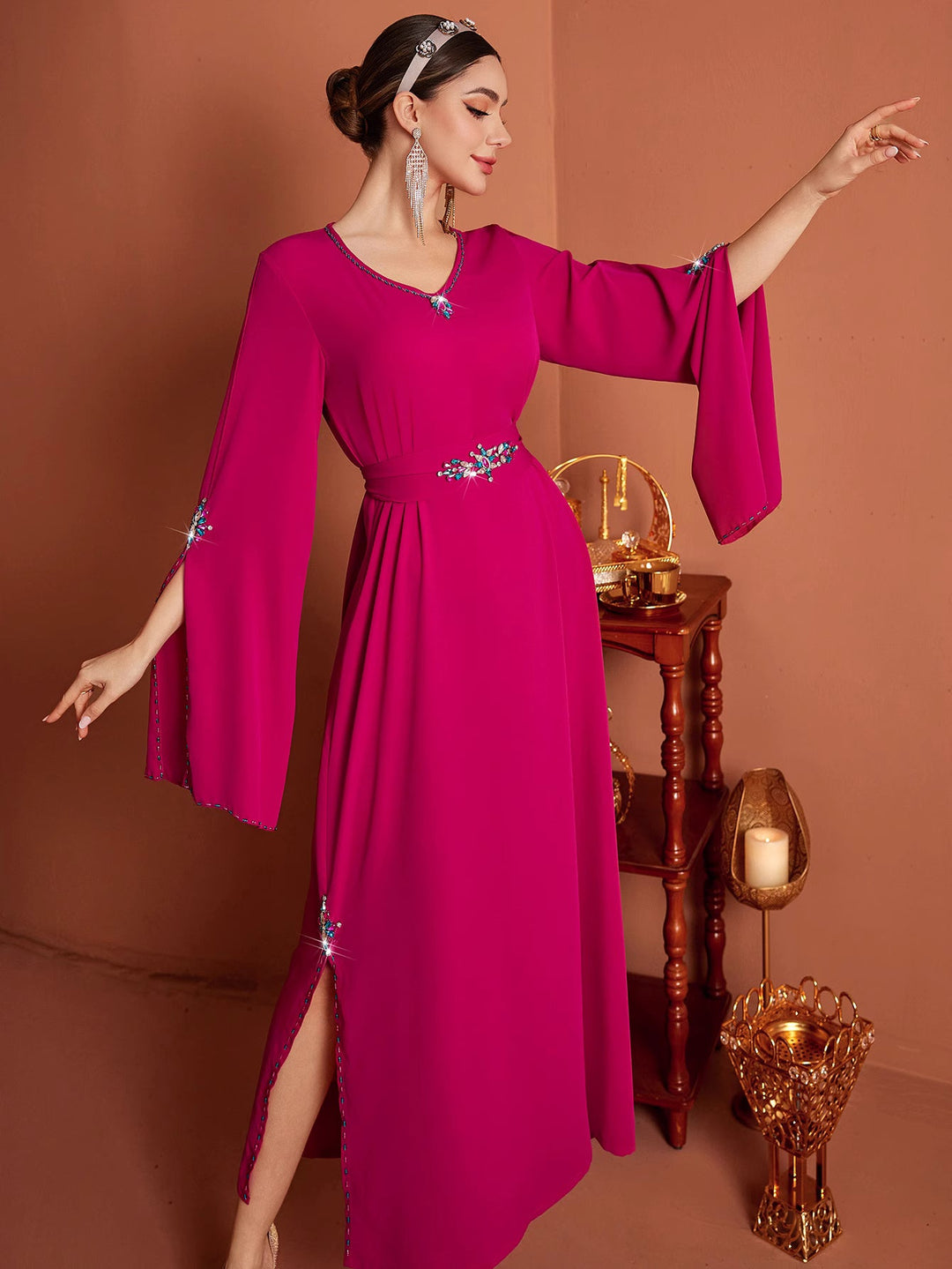 flared-sleeve gown with jeweled waist detail - AMIRZA