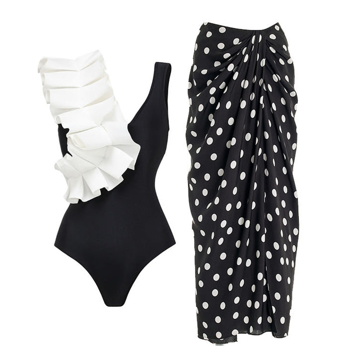 one-shoulder ruffle swimsuit with polka dot draped sarong – REMA