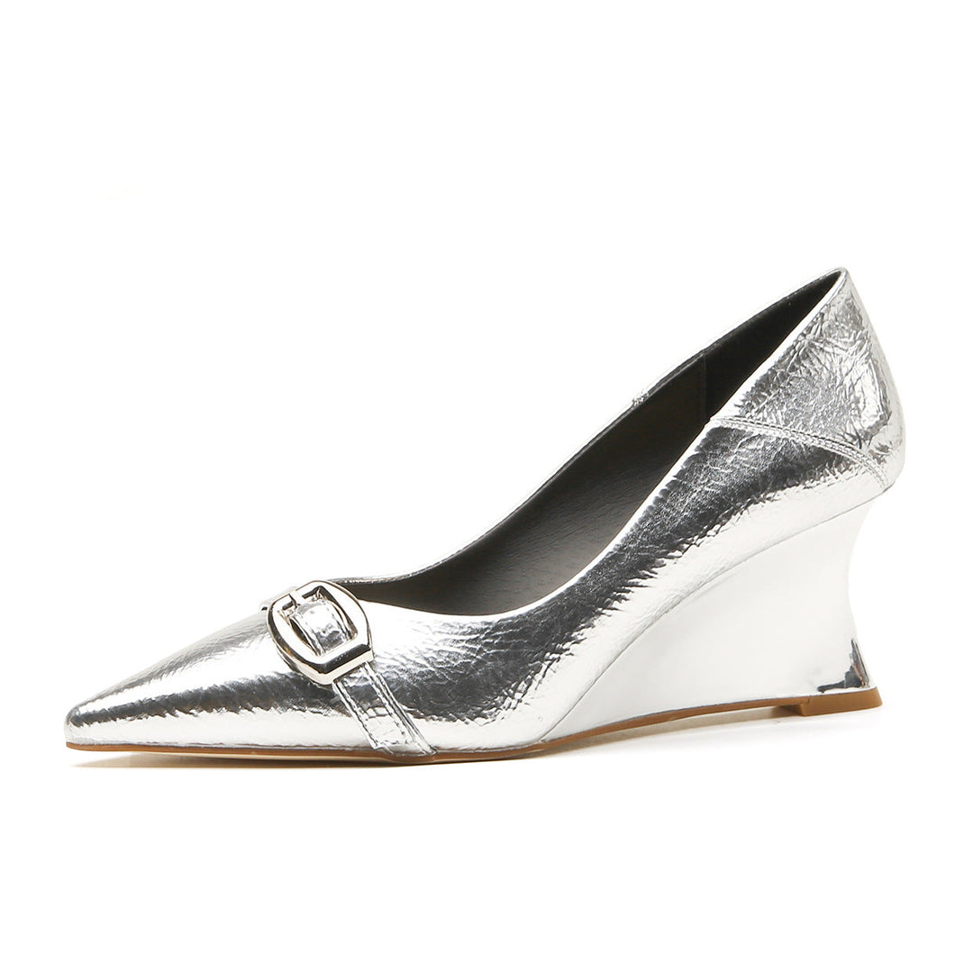 pointed toe metallic wedge pumps with buckle detail – LUMIA