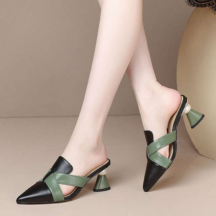 pointed leather mules with green cross straps and flared heels – ODD- VERONA