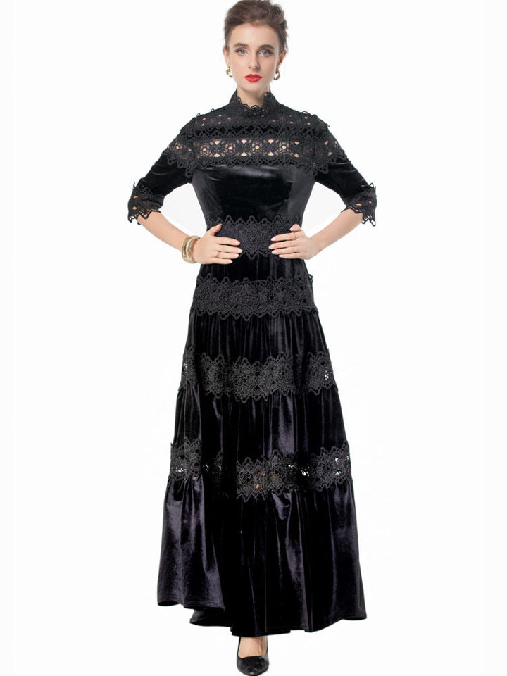 velvet maxi dress with lace panels and high neck – ODD- RUBINA