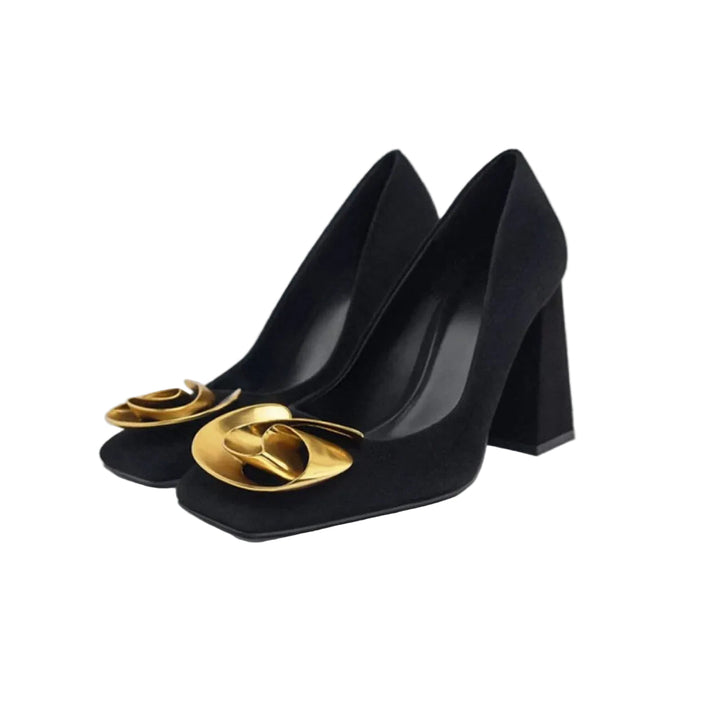 square-toe block heel pumps with gold sculpted ornament – HUSSEIN