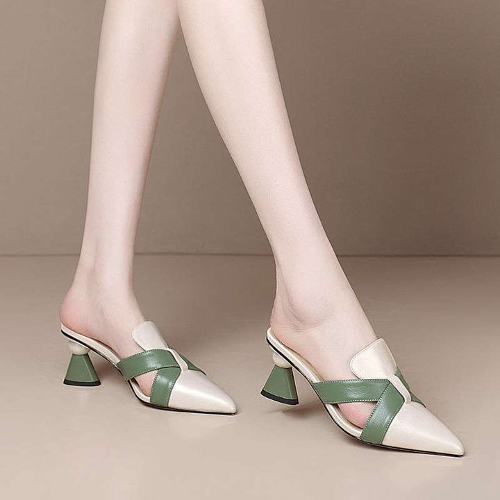 pointed leather mules with green cross straps and flared heels – VERONA