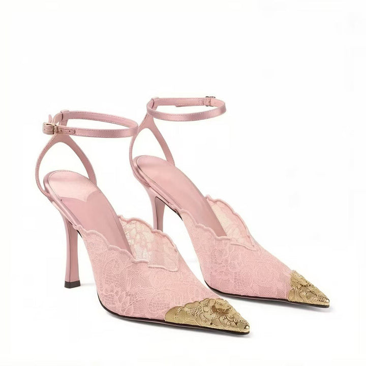 Lace Pointed Toe Ankle Strap Heels – Noir