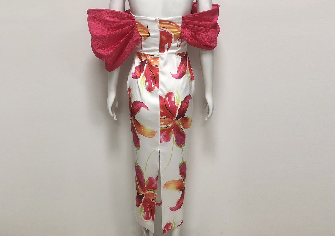 Floral Off-Shoulder Midi Dress with Statement Bow Sleeves-SIFAN