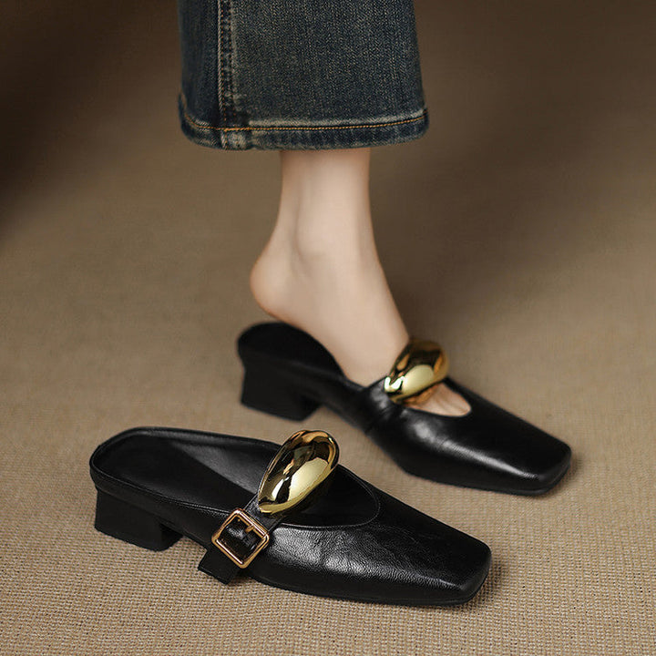 pointed metallic mule with gold hardware accent – LUXORA