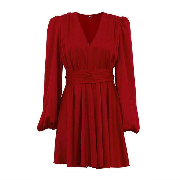 Red V-Neck Pleated Waist Mini Dress – ROSÉVA