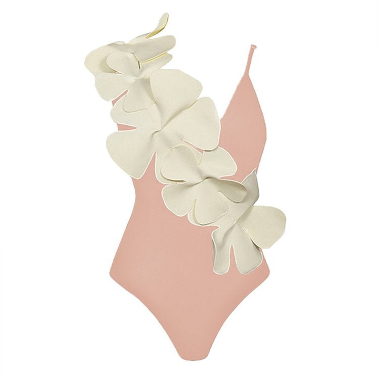 floral appliqué one-shoulder swimsuit with midi skirt set – ORANGE