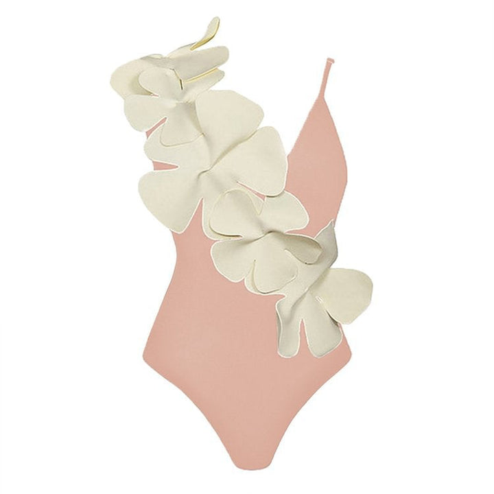 floral appliqué one-shoulder swimsuit with midi skirt set – ORANGE