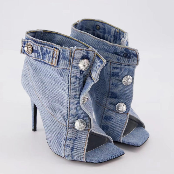 Denim Peep-Toe Button Ankle Boots – BLUE