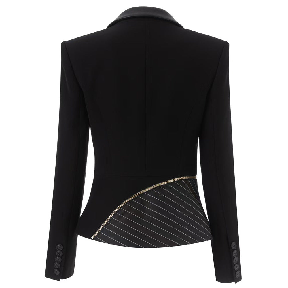 Asymmetric pinstripe blazer with leather lapel and zip detail – NOX