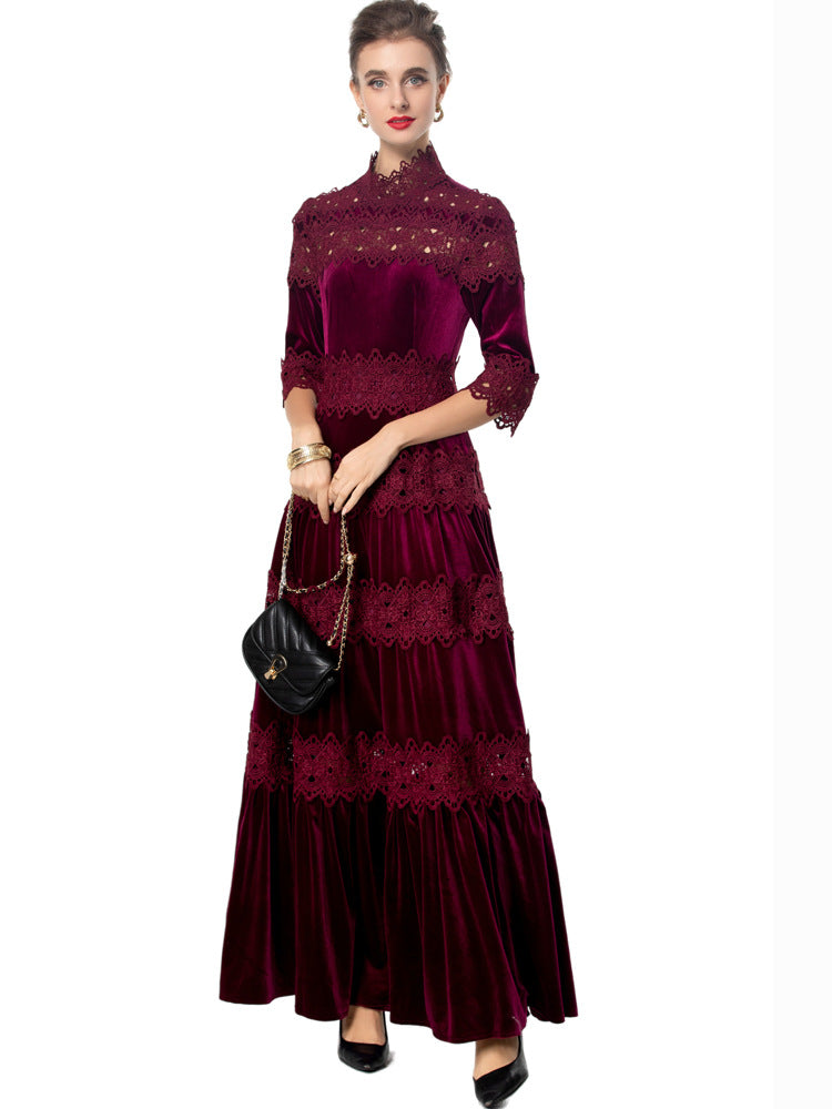 velvet maxi dress with lace panels and high neck – ODD- RUBINA