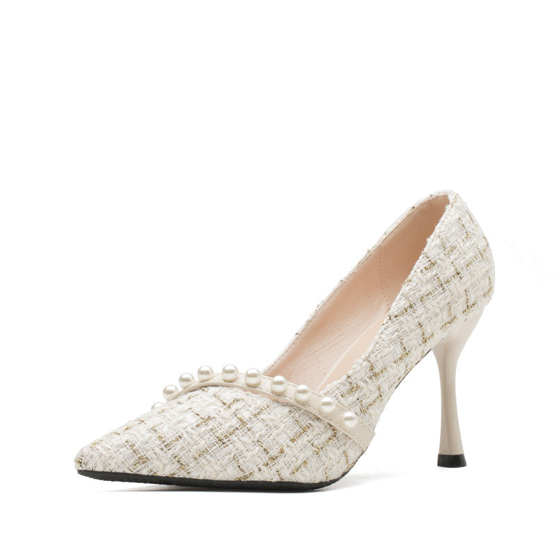 Pearl Strap Tweed Stiletto Heels - Paris