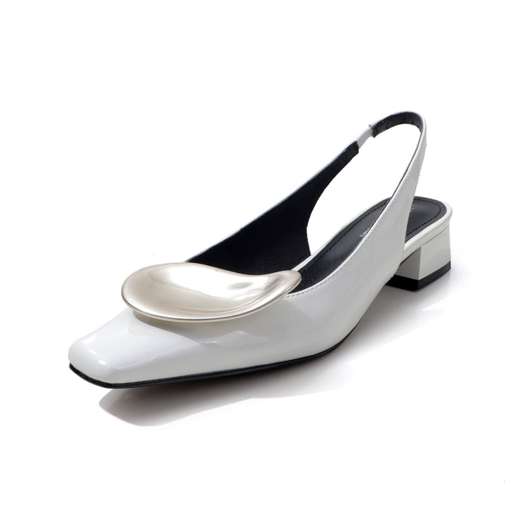 square-toe slingback heels with sculpted silver accent – LUMINA