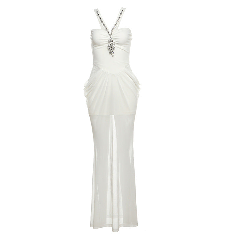 sheer mesh maxi dress with embellished neckline – IVORY