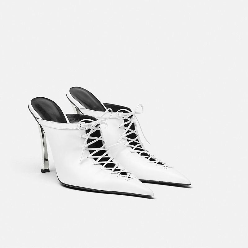Lace-Up Pointed Toe Mule Heels – BLANC