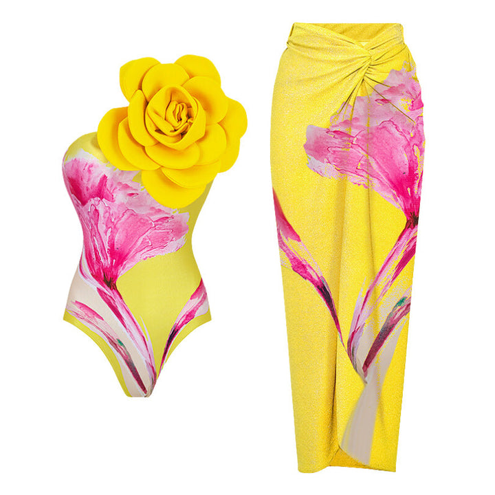 one-shoulder 3D flower swimsuit with ruched wrap skirt set – FARHA