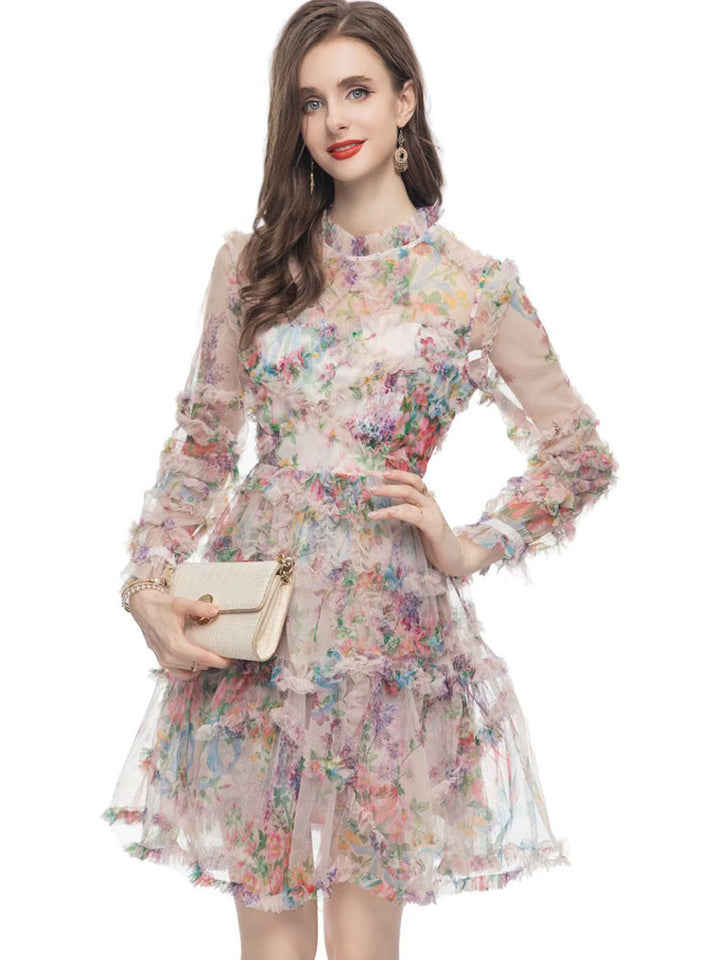 floral ruffle mini dress with sheer long sleeves – WHISPER