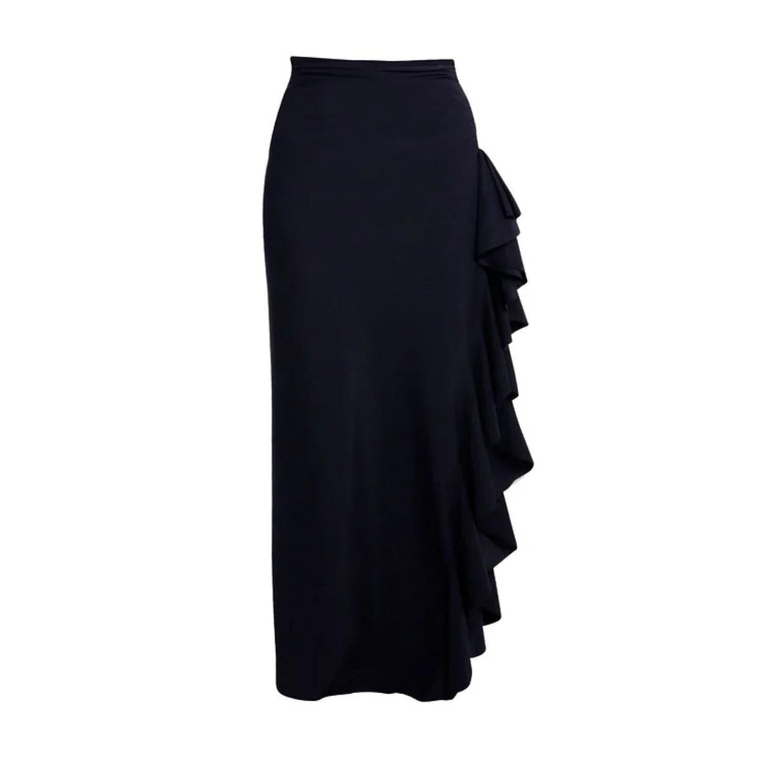 off-shoulder contrast fold swimsuit with ruffle maxi skirt – ELEGANCE