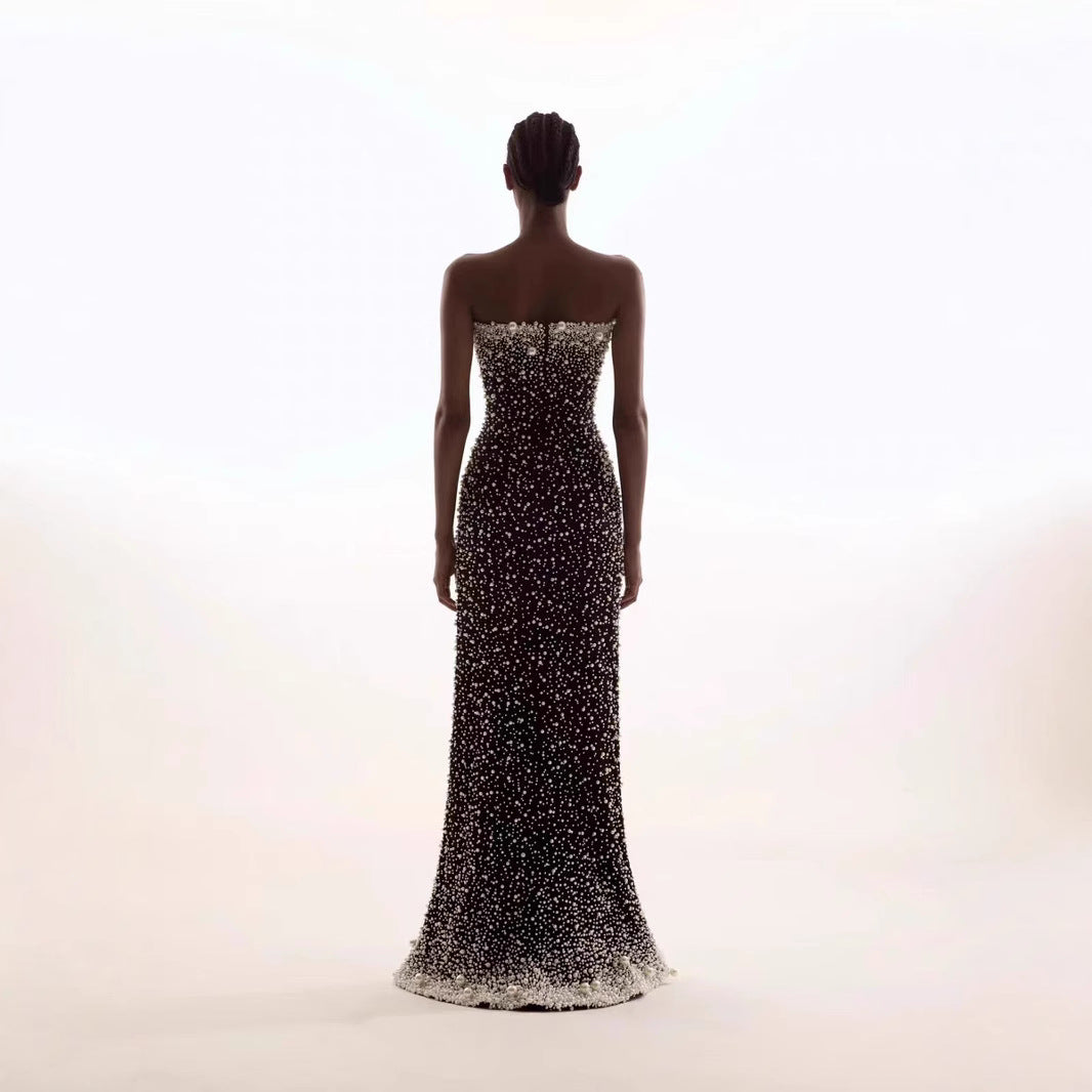 strapless column gown with pearl and crystal embellishments – ODD- AUROQSU