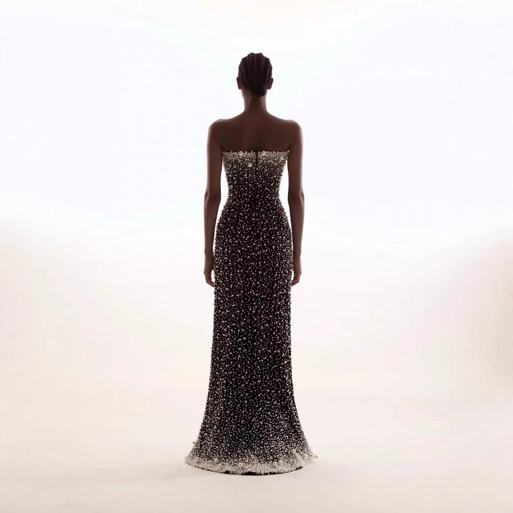 strapless column gown with pearl and crystal embellishments – AUROQSU-1