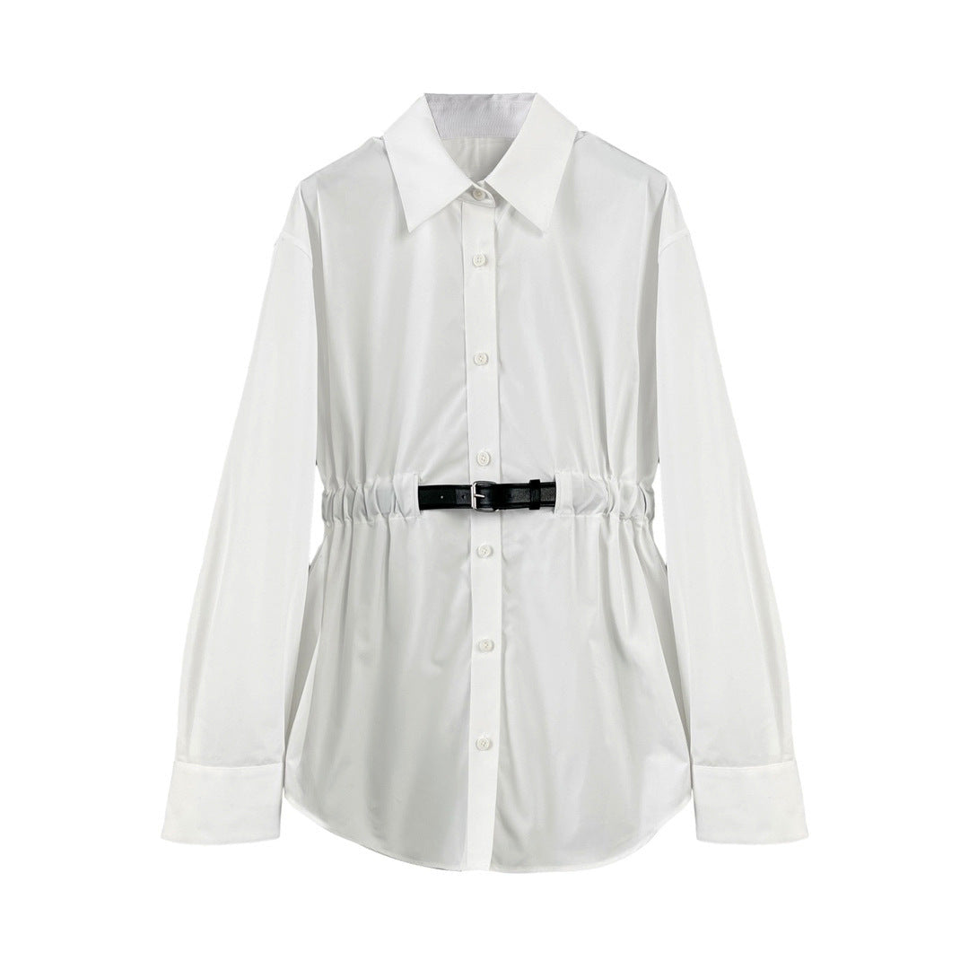 long sleeve button-up shirt with waist belt – ELARA