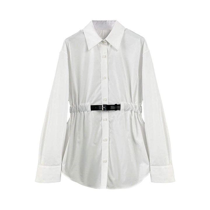 long sleeve button-up shirt with waist belt – ELARA