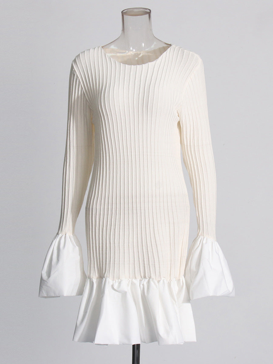 ribbed knit mini dress with flared cuff sleeves – IVORY