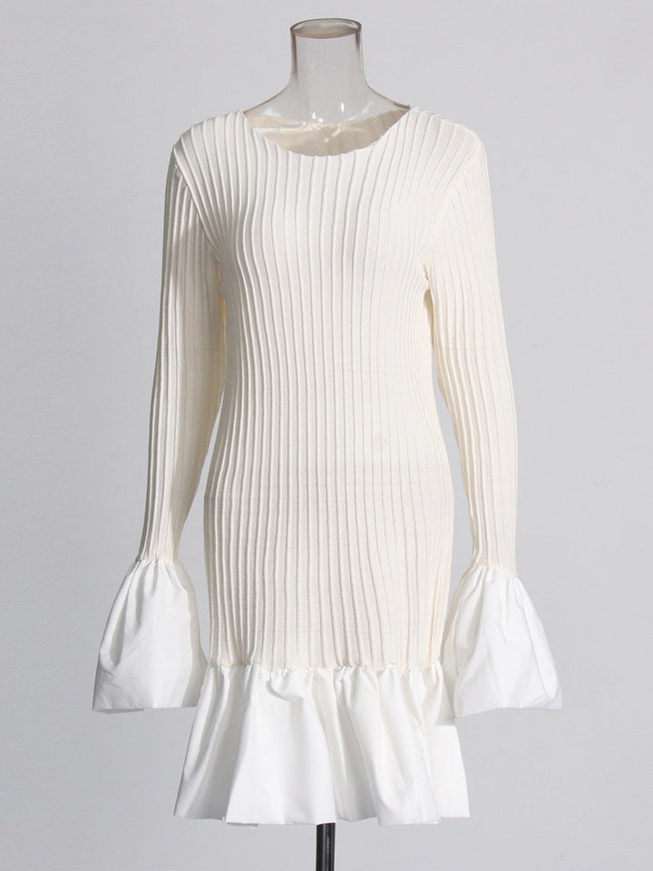 ribbed knit mini dress with flared cuff sleeves – IVORY