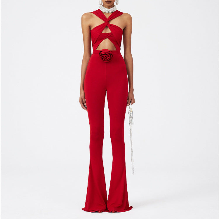 cut-out rose detail bodysuit with flared pants – SCARLETT