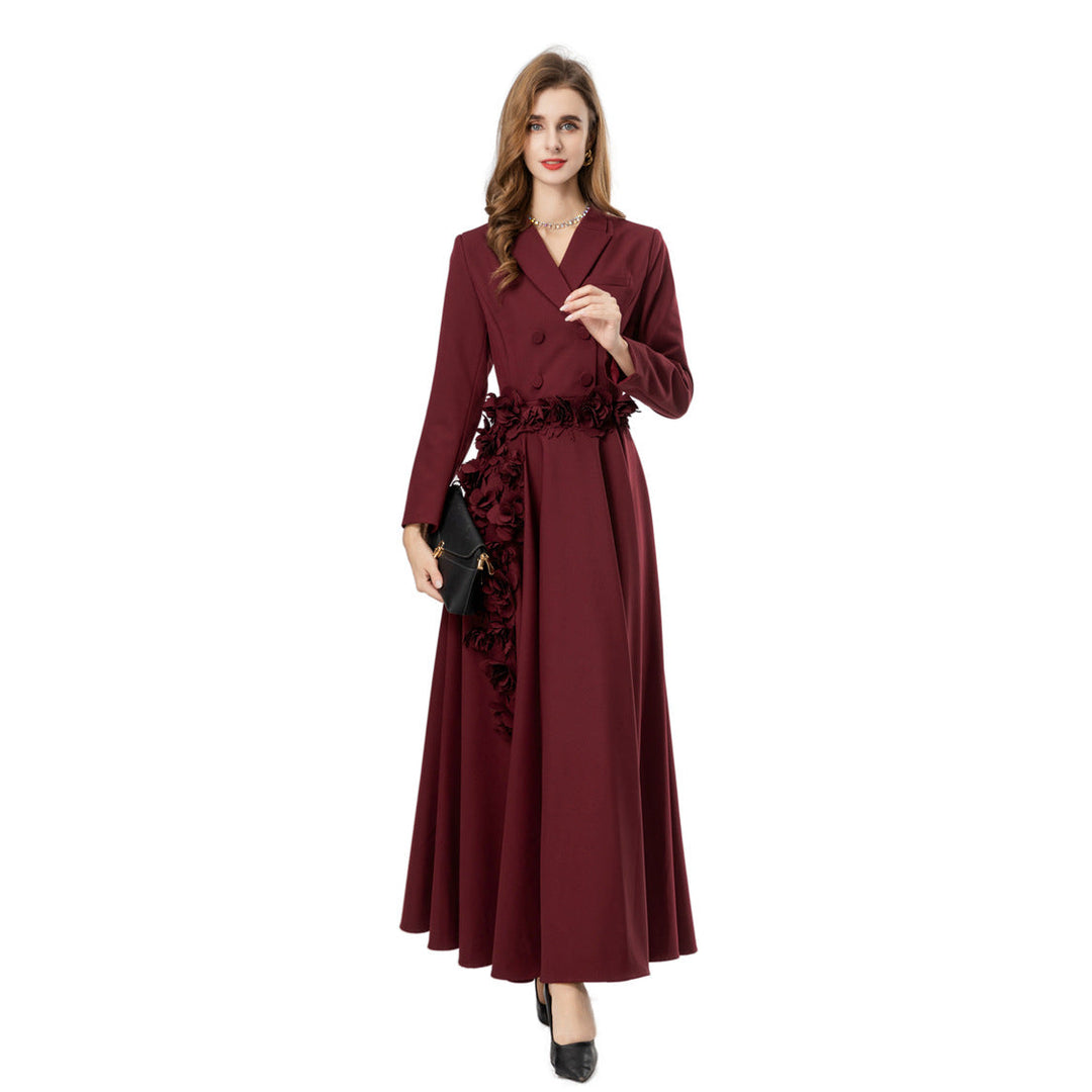 double-breasted crepe gown with 3D floral waist – ODD- MAURELLE
