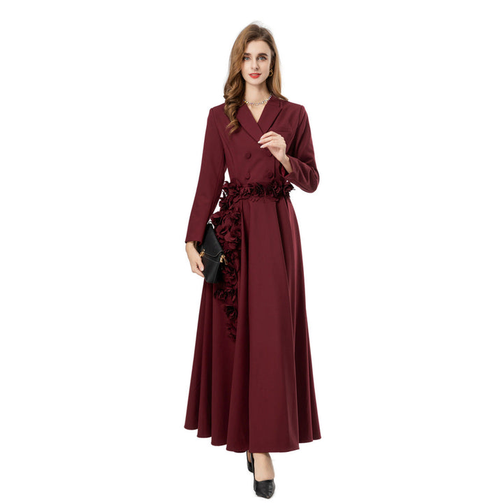 double-breasted crepe gown with 3D floral waist – ODD- MAURELLE