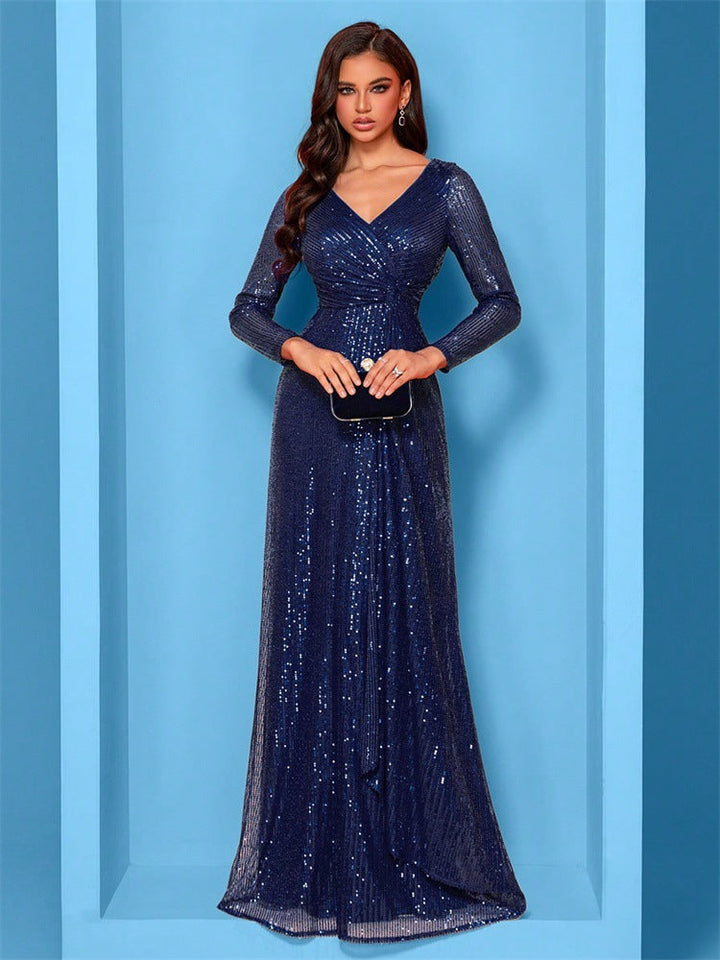 long-sleeve sequin wrap gown with draped detail – SERENA