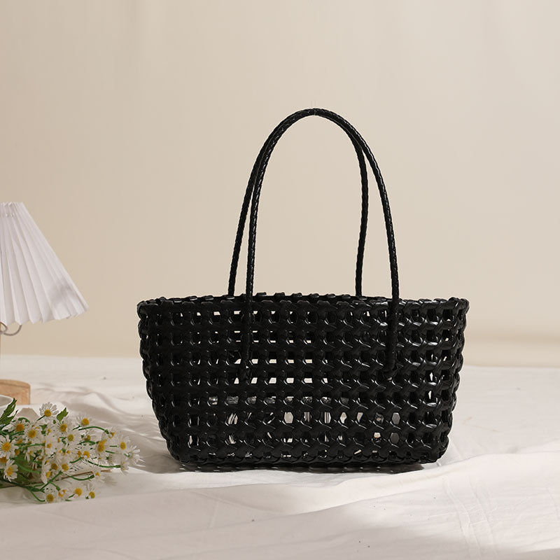 Woven black tote bag with braided handles - Qilna