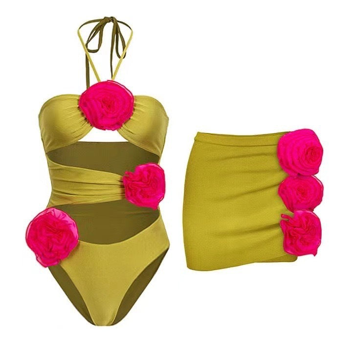 cut-out rose halter one-piece with mini wrap skirt – ROSE