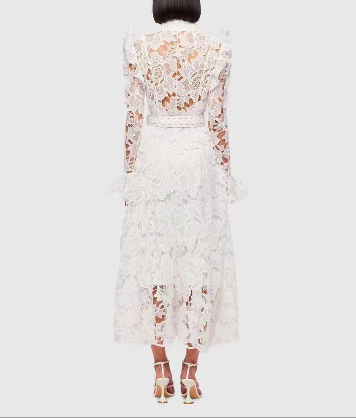 long-sleeve lace midi dress with ruffled shoulders – IVORIE