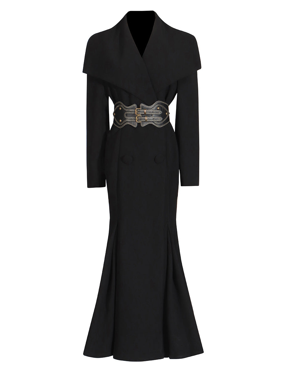 long sleeve mermaid dress with statement buckle belt – CORSET